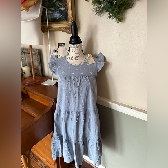 Chambray Tiered Ruffle Sleeve Embroidered Babydoll Dress NWT - Picture 1 of 8